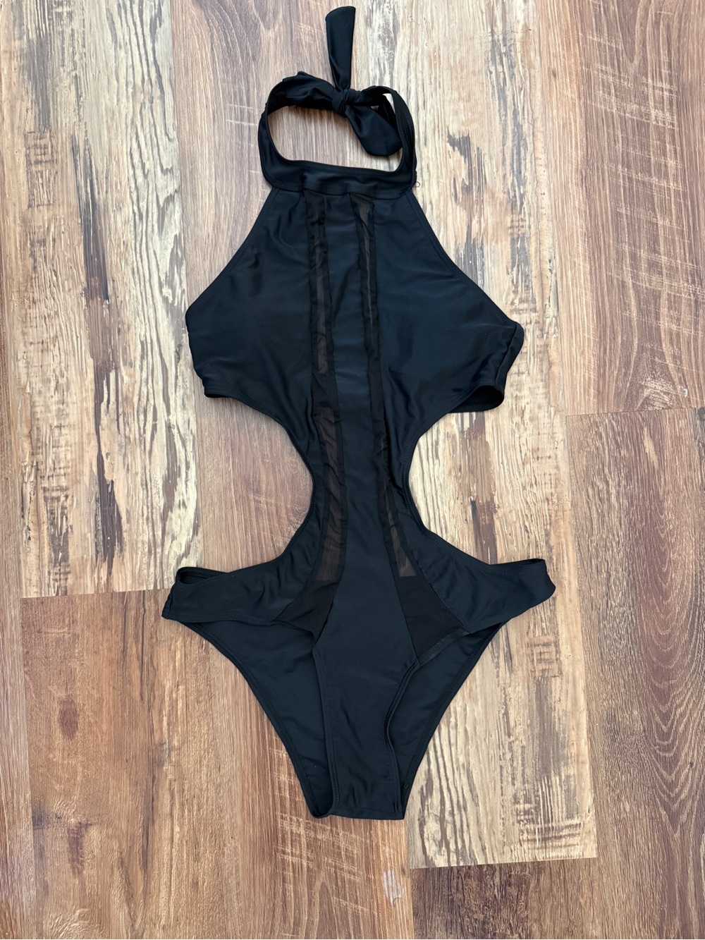 Women’s Black One-Piece Swimsuit - Halter Cutout Style with Sheer Panels